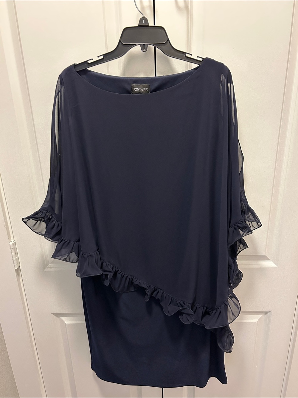 Xscape Navy Ruffle Asymmetric Midi Dress